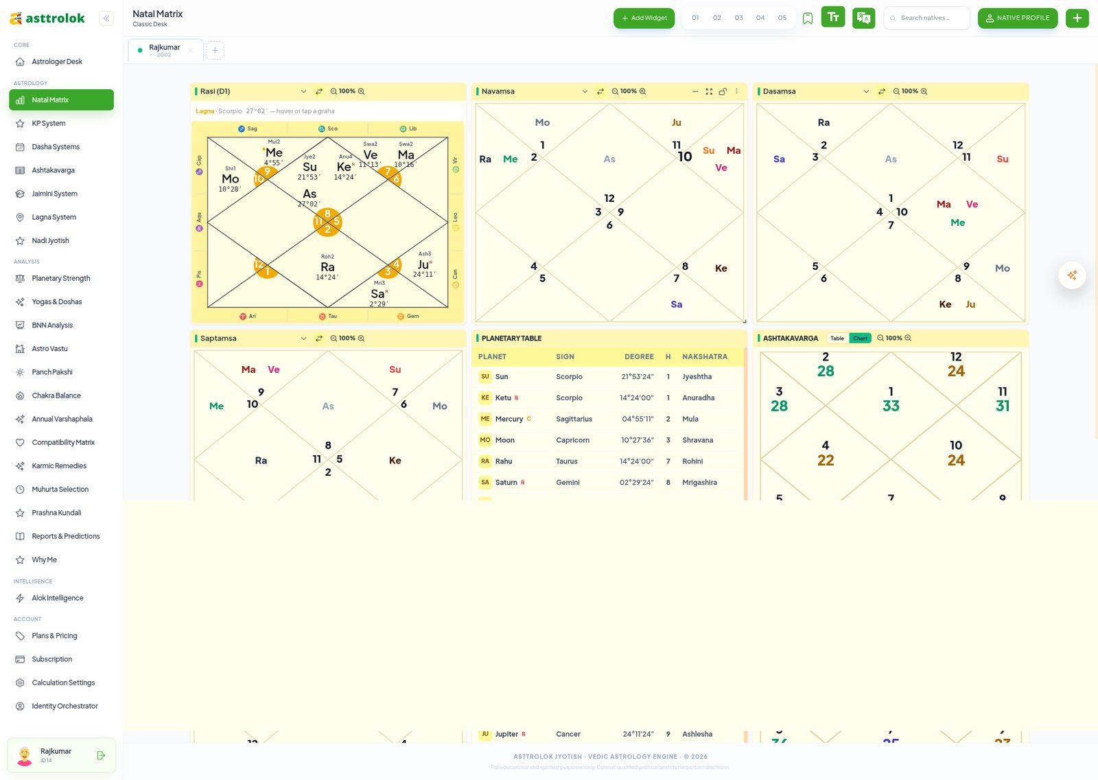 <b>The chart workspace</b> — Rasi, Navamsa and divisionals open side by side