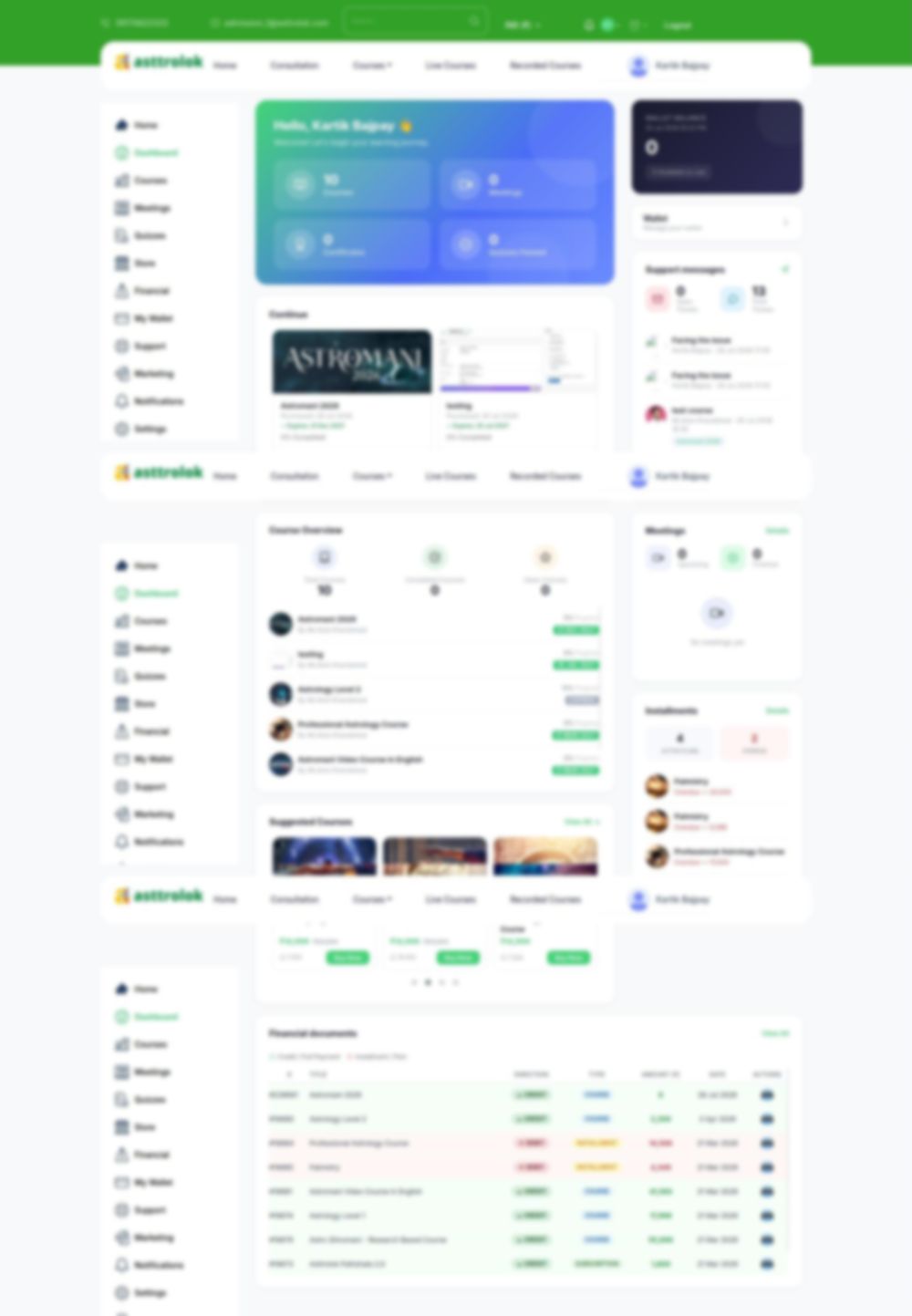 <b>The student dashboard</b> — courses, live classes, wallet, instalments and support in one view