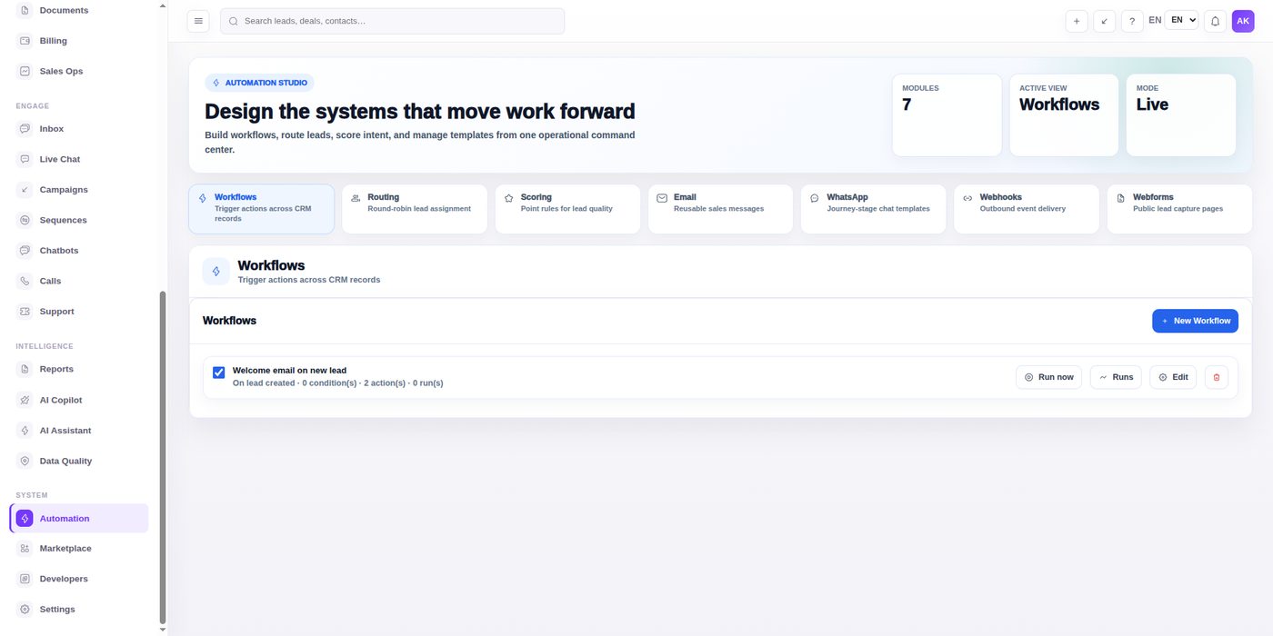 <b>Automation Studio</b> — workflows, routing, scoring, WhatsApp templates